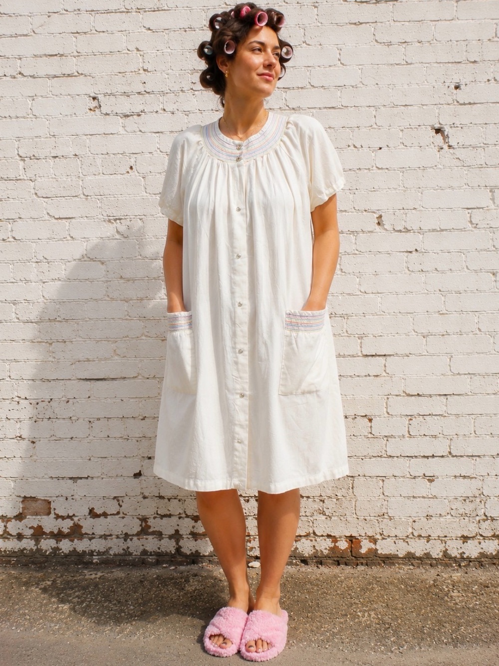 Vintage Grandmacore House Dress Pearl Snap Smocked Nightgown Moo Moo XL USA